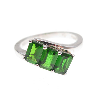 925 Sterling Silver Real Emerald-Cut Peridot Bypass Ring Size 8