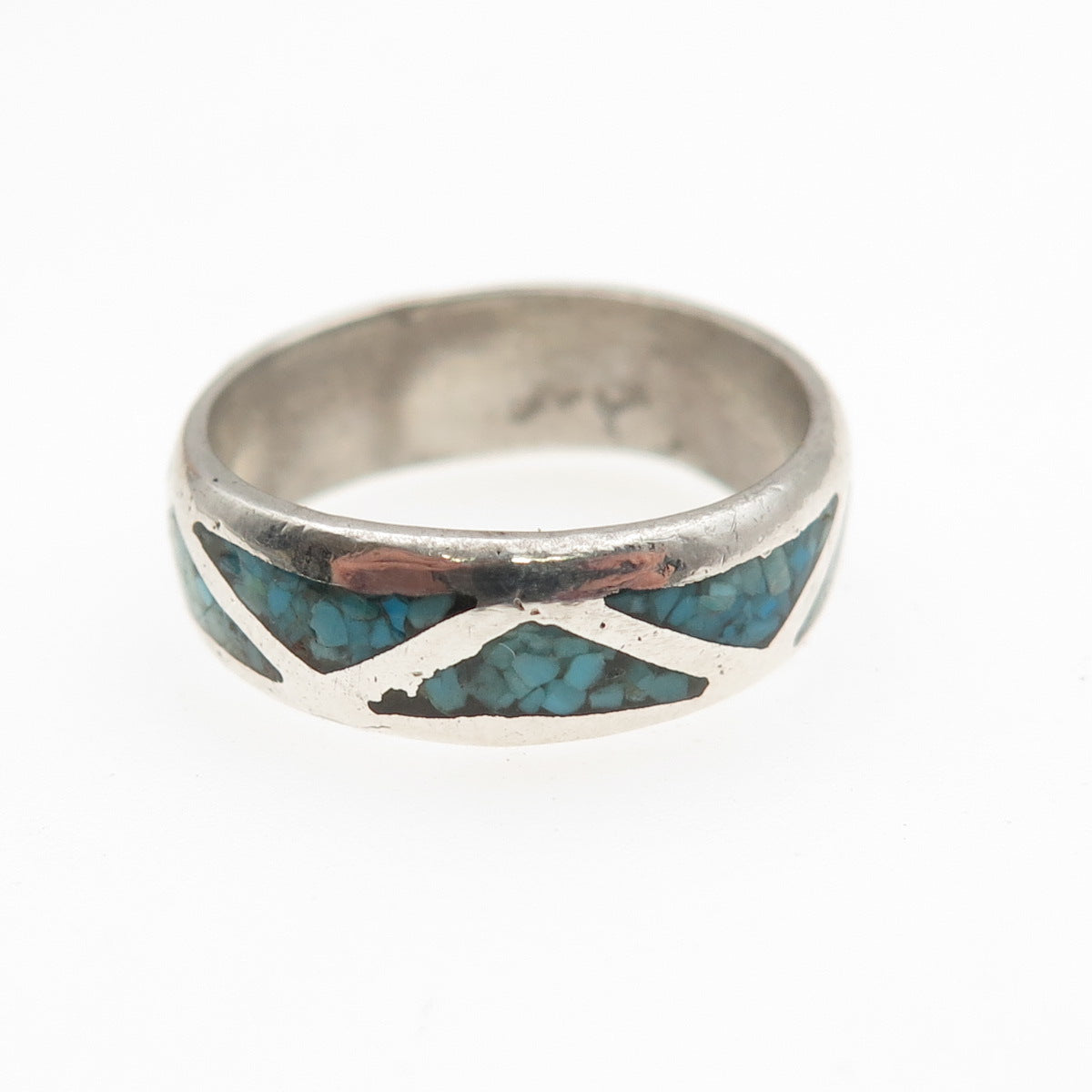 Old Pawn 925 Sterling Silver Vintage Turquoise Inlay Tribal Band Ring Size 6.25