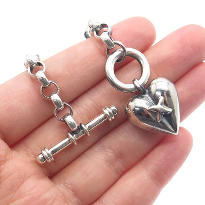 925 Sterling Silver Vintage "X" Heart Charm Oxidized Rolo Link Bracelet 6.75"