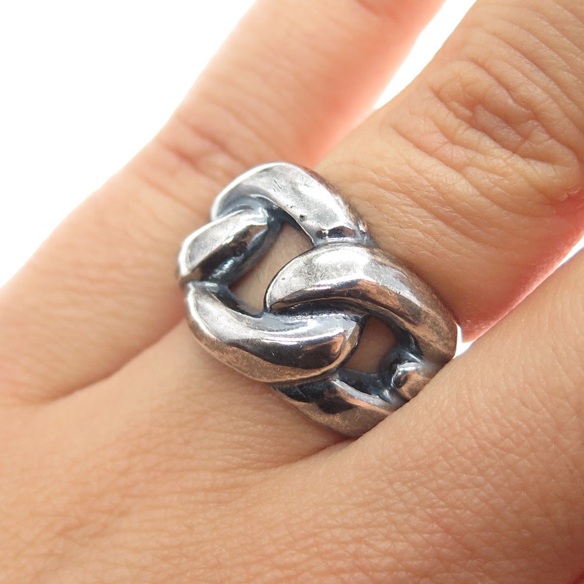 925 Sterling Silver Vintage Modernist Cable Link Oxidized Ring Size 6.25