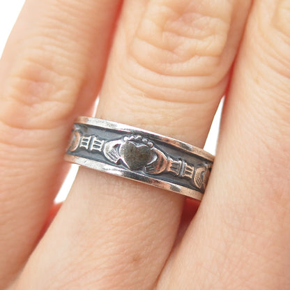 925 Sterling Silver Vintage CHJ Dublin Irish Claddagh Oxidized Band Ring Size 6