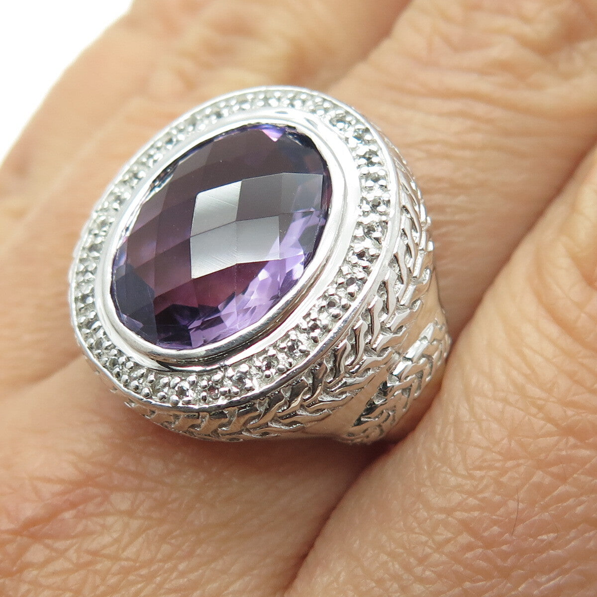 925 Sterling Silver Amethyst & White Topaz Gem Engraved Dome Ring Size 7.25