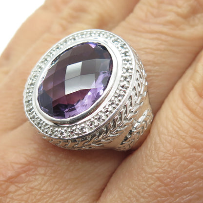 925 Sterling Silver Amethyst & White Topaz Gem Engraved Dome Ring Size 7.25