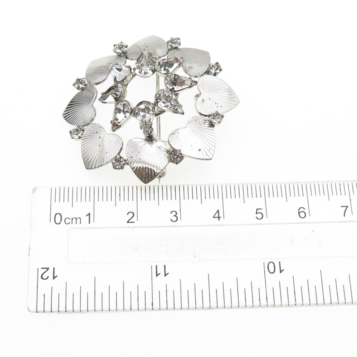 CARL ART 925 Sterling Silver Antique Art Deco Rhinestone Heart Pin Brooch