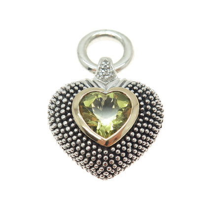 14K Gold & 925 Sterling Silver Vintage Real Diamond & Peridot Heart Pendant