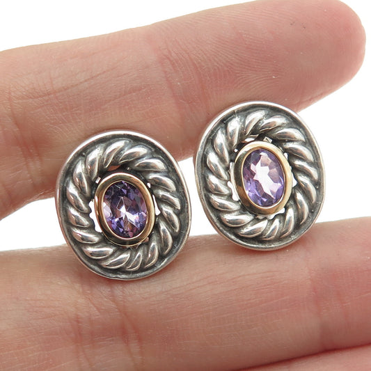 925 Sterling Silver & 14K Yellow Gold Vintage Real Amethyst Omega Back Earrings