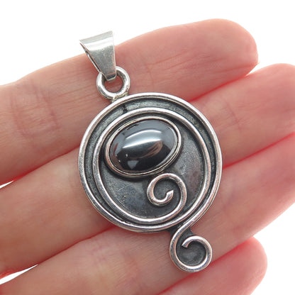 925 Sterling Silver Vintage Real Hematite Gem Swirl Modernist Oxidized Pendant