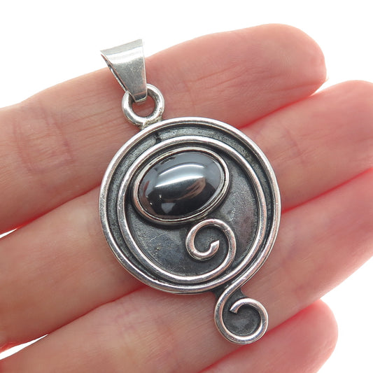 925 Sterling Silver Vintage Real Hematite Gem Swirl Modernist Oxidized Pendant