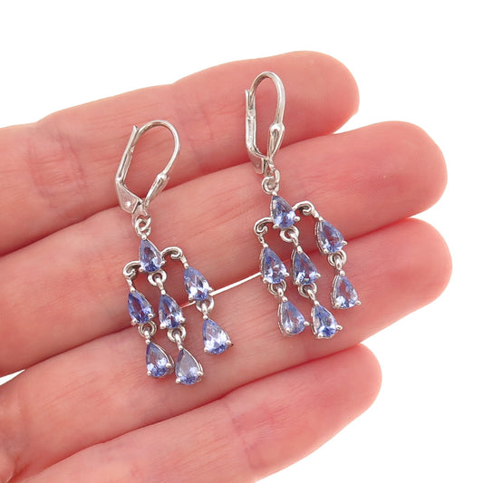 Chuck Clemency 925 Sterling Silver Real Pear-Cut Tanzanite Dangle Earrings