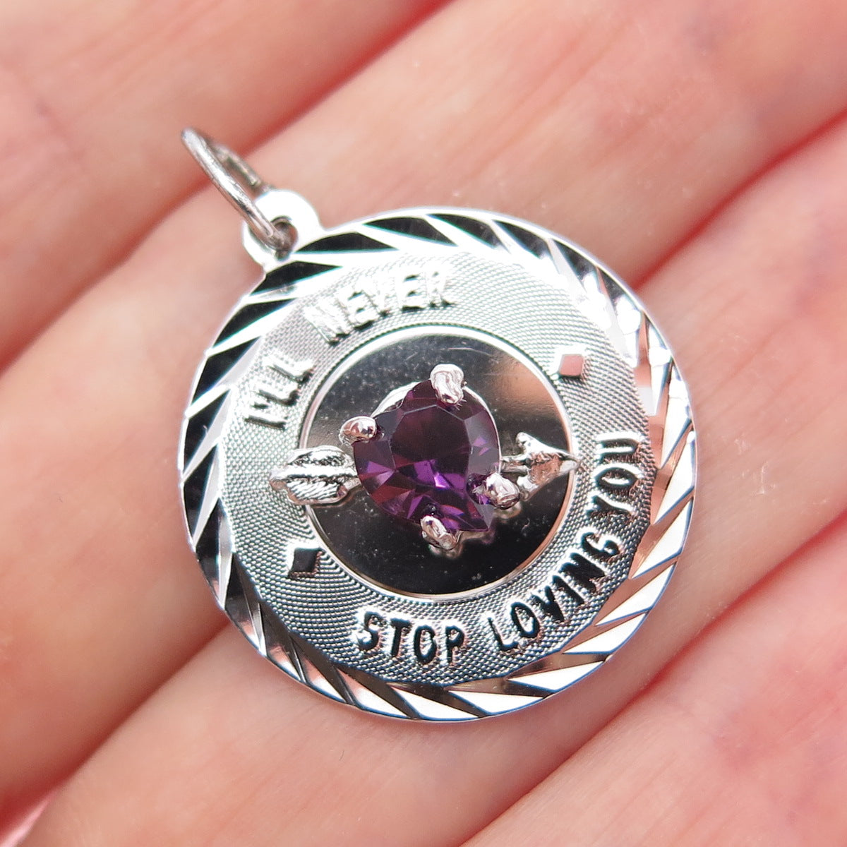 925 Sterling Silver Vintage Rhinestone I'll Never Stop Loving You Charm Pendant