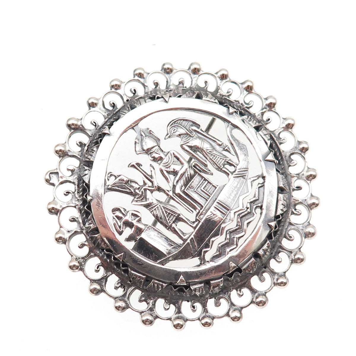 800 Silver Antique Art Deco Egyptian Gods Storyteller Oxidized Pin Brooch