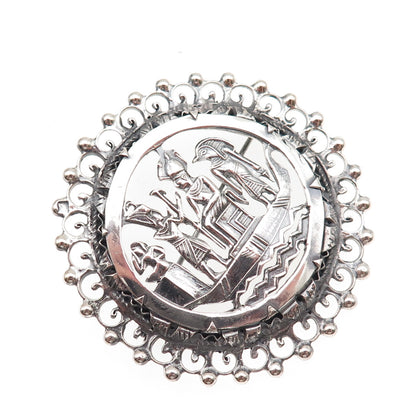 800 Silver Antique Art Deco Egyptian Gods Storyteller Oxidized Pin Brooch