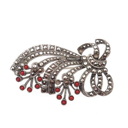 835 Silver Antique Art Deco Real Coral & Marcasite Pin Brooch (missing 3 stones)