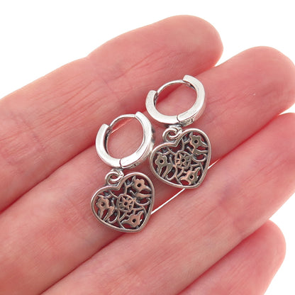 925 Sterling Silver Round-Cut C Z Oxidized Heart Dangle Charm Hoop Earrings