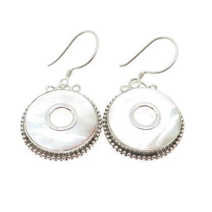 AF DESIGN 925 Sterling Silver Vintage Real MOP Granulated Disc Dangle Earrings