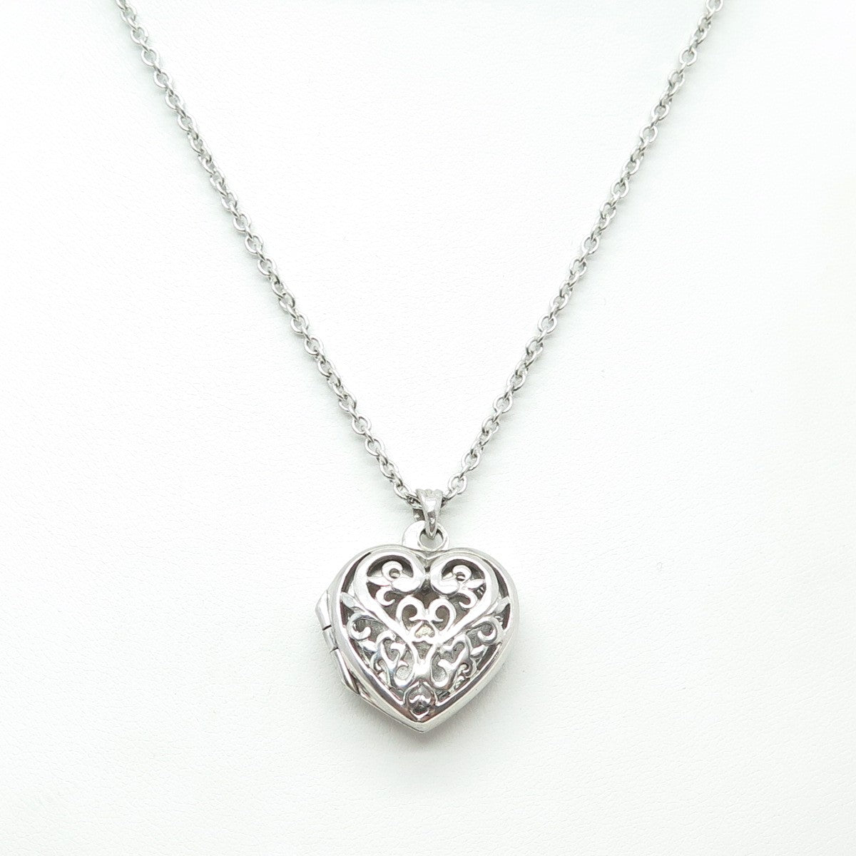 925 Sterling Silver Ornate Heart Locket Pendant Cable Chain Necklace 18"