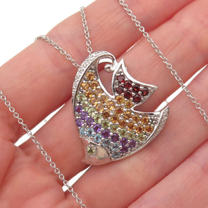 925 Sterling Silver Real Diamond & Multi-Gem Angelfish Cable Chain Necklace 18"