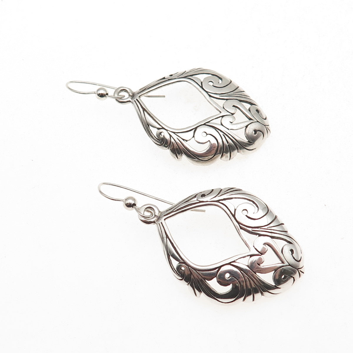 925 Sterling Silver Vintage Floral Heart Oxidized Dangle Earrings