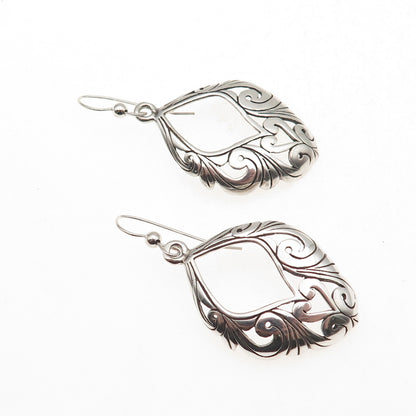 925 Sterling Silver Vintage Floral Heart Oxidized Dangle Earrings