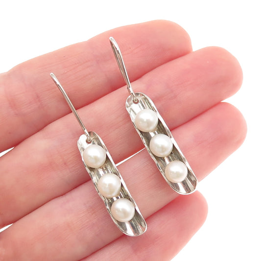 950 Silver Vintage Real Pearl Modernist Peapod Dangle Earrings