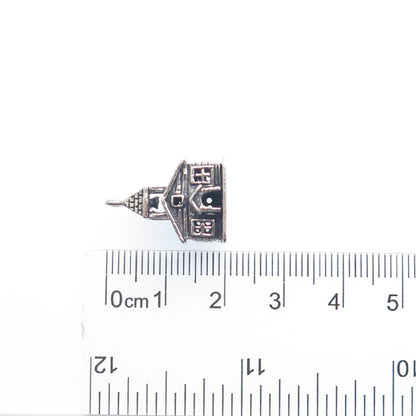 925 Sterling Silver Antique Art Deco Old Church Minimalist 3D Charm Pendant
