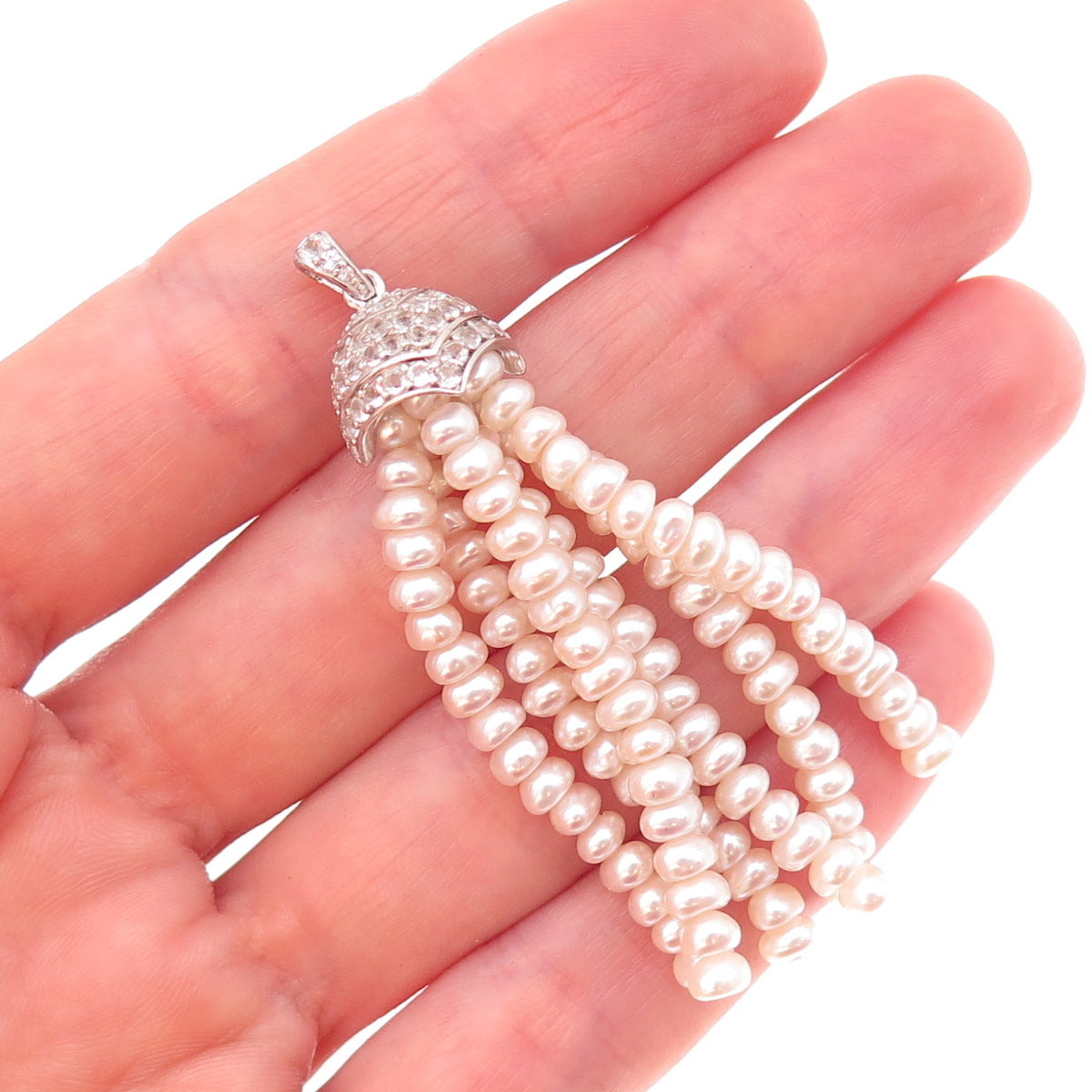 925 Sterling Silver Real Pearl & White Topaz Tassel Charm Pendant