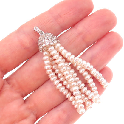 925 Sterling Silver Real Pearl & White Topaz Tassel Charm Pendant