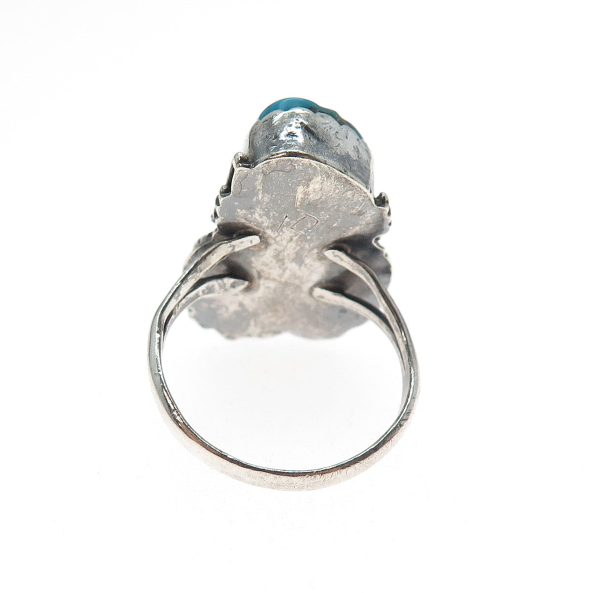 Old Pawn 925 Sterling Vintage Turquoise Flower Blossom Oxidized Ring Size 9.75