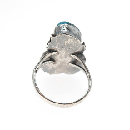 Old Pawn 925 Sterling Vintage Turquoise Flower Blossom Oxidized Ring Size 9.75