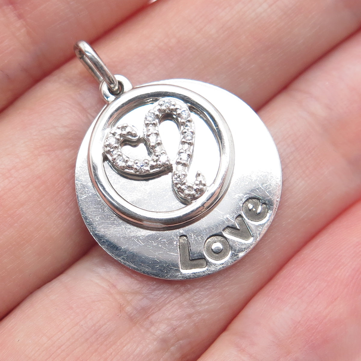 925 Sterling Silver Round-Cut C Z Love Shh! Heart Double Charm Pendant