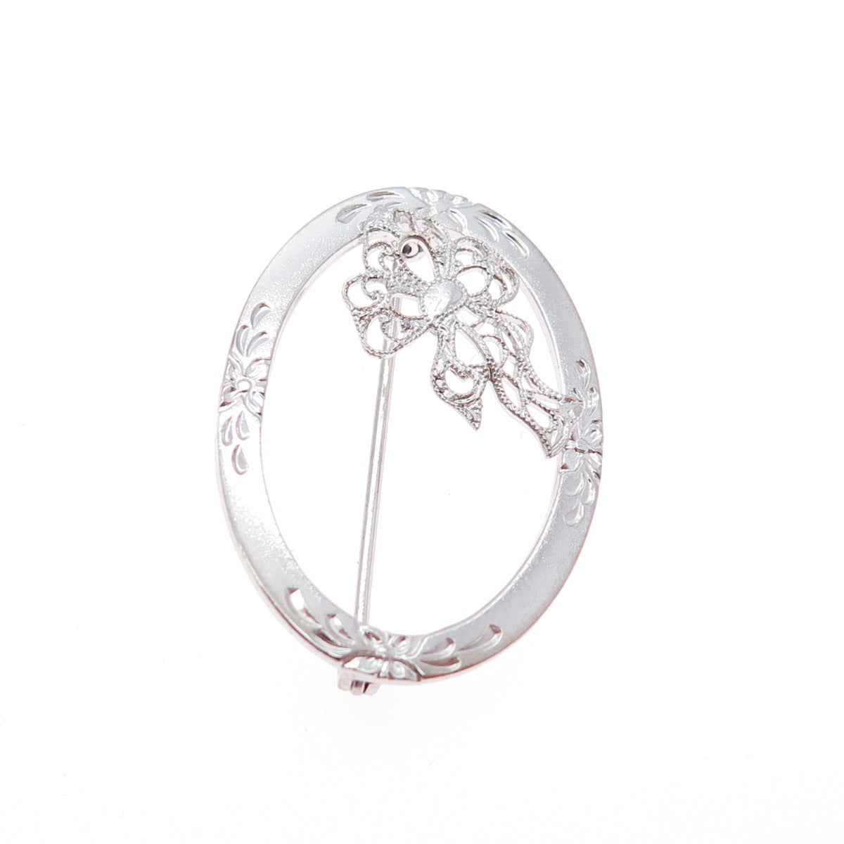 925 Sterling Silver Vintage Flower & Bow Oval Pin Brooch