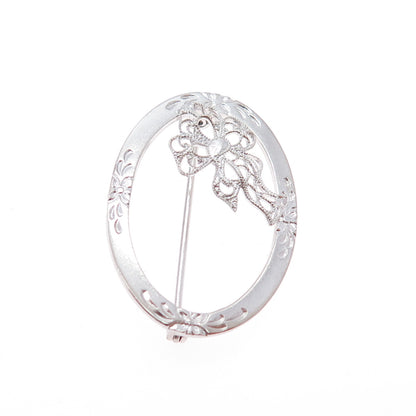 925 Sterling Silver Vintage Flower & Bow Oval Pin Brooch
