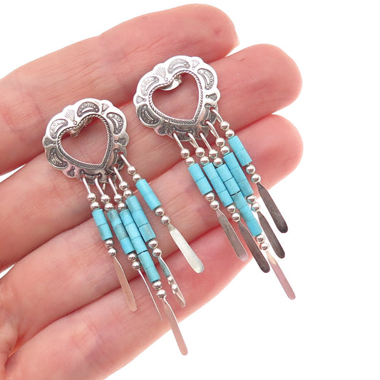 Old Pawn Sterling Silver Vintage Southwestern Turquoise Heart Dangle Earrings