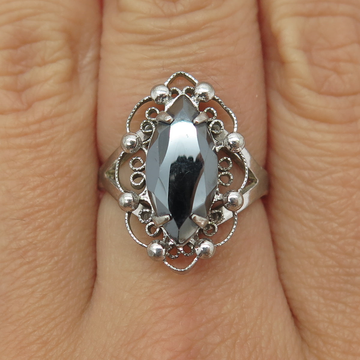 SORRENTO 925 Sterling Silver Antique Art Deco Hematite Filigree Ring Size 6.75