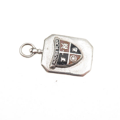 925 Sterling Silver Antique Art Deco Enamel House Plan Coat of Arms Fob Pendant