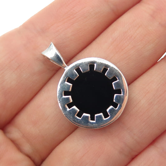 925 Sterling Silver Vintage Real Black Onyx Sun Symbol Charm Pendant