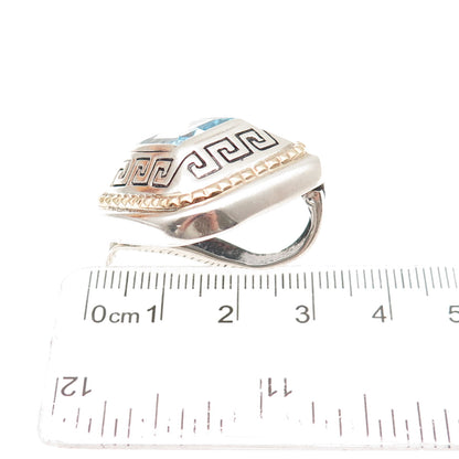 925 Sterling 18K Gold Vintage Italy Blue Topaz Greek Key Slide Charm Pendant