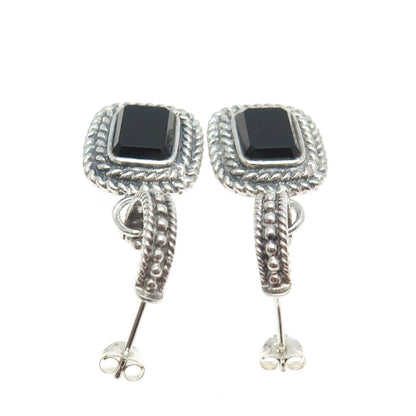 925 Sterling Silver Vintage Real Black Onyx Charm Dangling Earrings