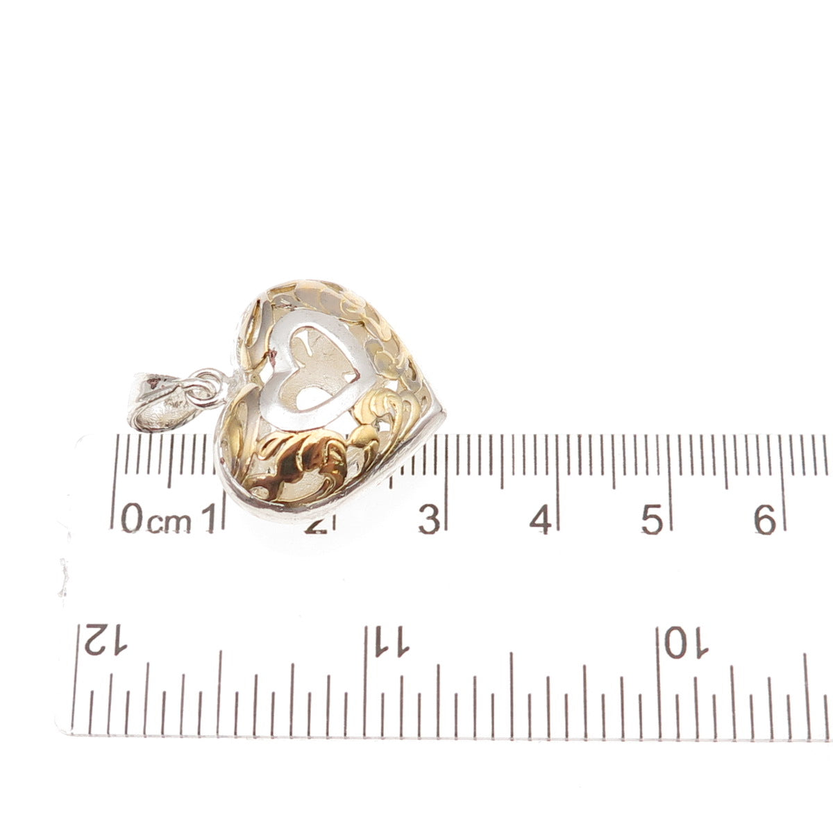 925 Sterling Silver 2-Tone Vintage Floral Scroll Heart Charm Pendant