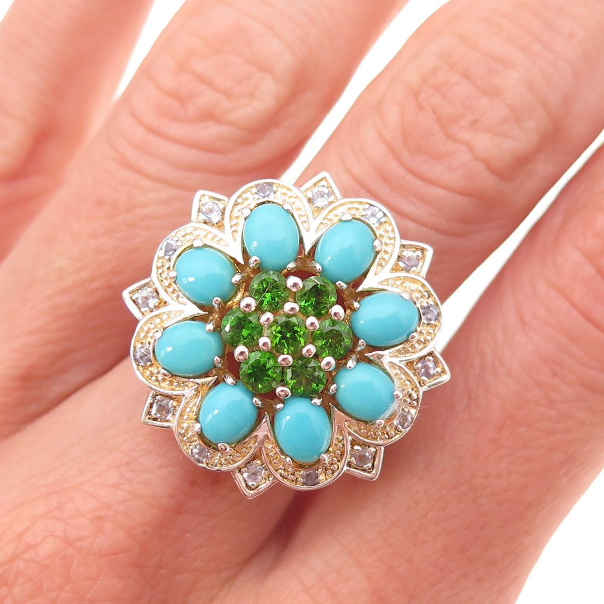 925 Sterling Silver 2-Tone Real Turquoise Tanzanite & Peridot Ring Size 8.25