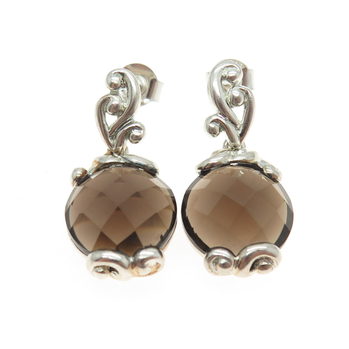 925 Sterling Silver Vintage Real Smoky Quartz Ornate Dangling Earrings