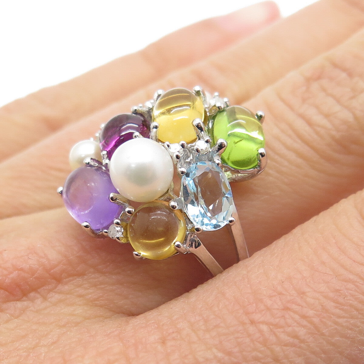 925 Sterling Silver Diamond Pearl Amethyst Citrine Peridot & Topaz Ring Size 7.5