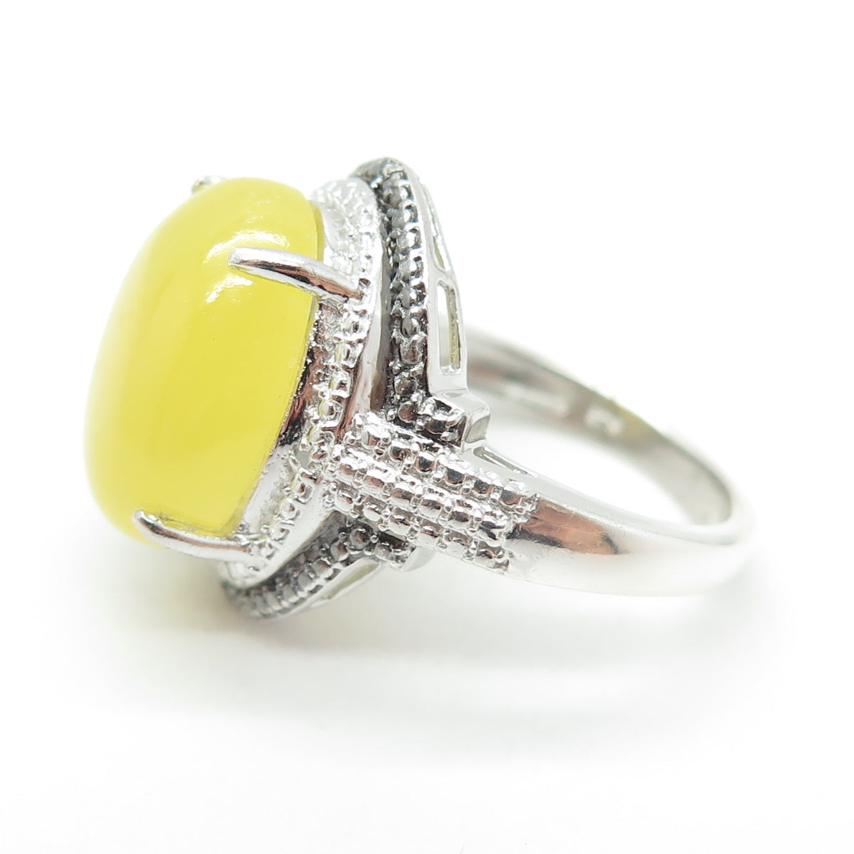 CHUCK CLEMENCY 925 Sterling Silver Real Diamond & Yellow Jade Ring Size 8