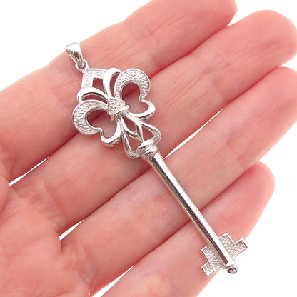925 Sterling Silver Real Round-Cut Diamond Fleur de Lis Key Pendant