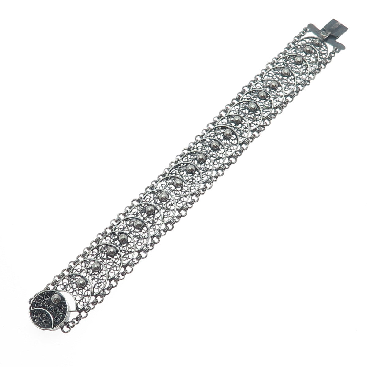 835 Silver Antique Netherlands Filigree Overlap Disc Oxidized Bracelet 6.75"