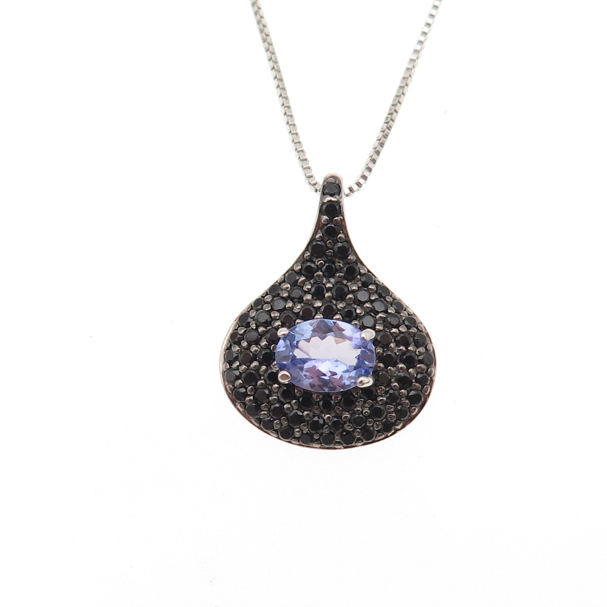 DSMK 925 Sterling Silver Real Tanzanite & Black Spinel Box Chain Necklace 18"