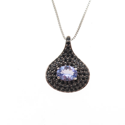 DSMK 925 Sterling Silver Real Tanzanite & Black Spinel Box Chain Necklace 18"