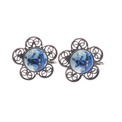 DELFT 835 Silver Vintage Netherlands Ceramic Old Windmill Screw Back Earrings