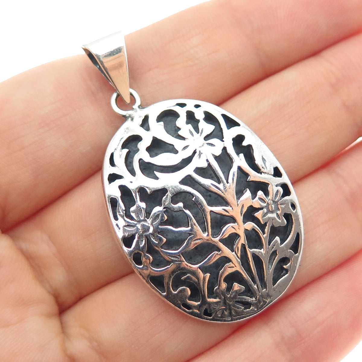 925 Sterling Silver Vintage Flower Shadow Box Oxidized Charm Pendant