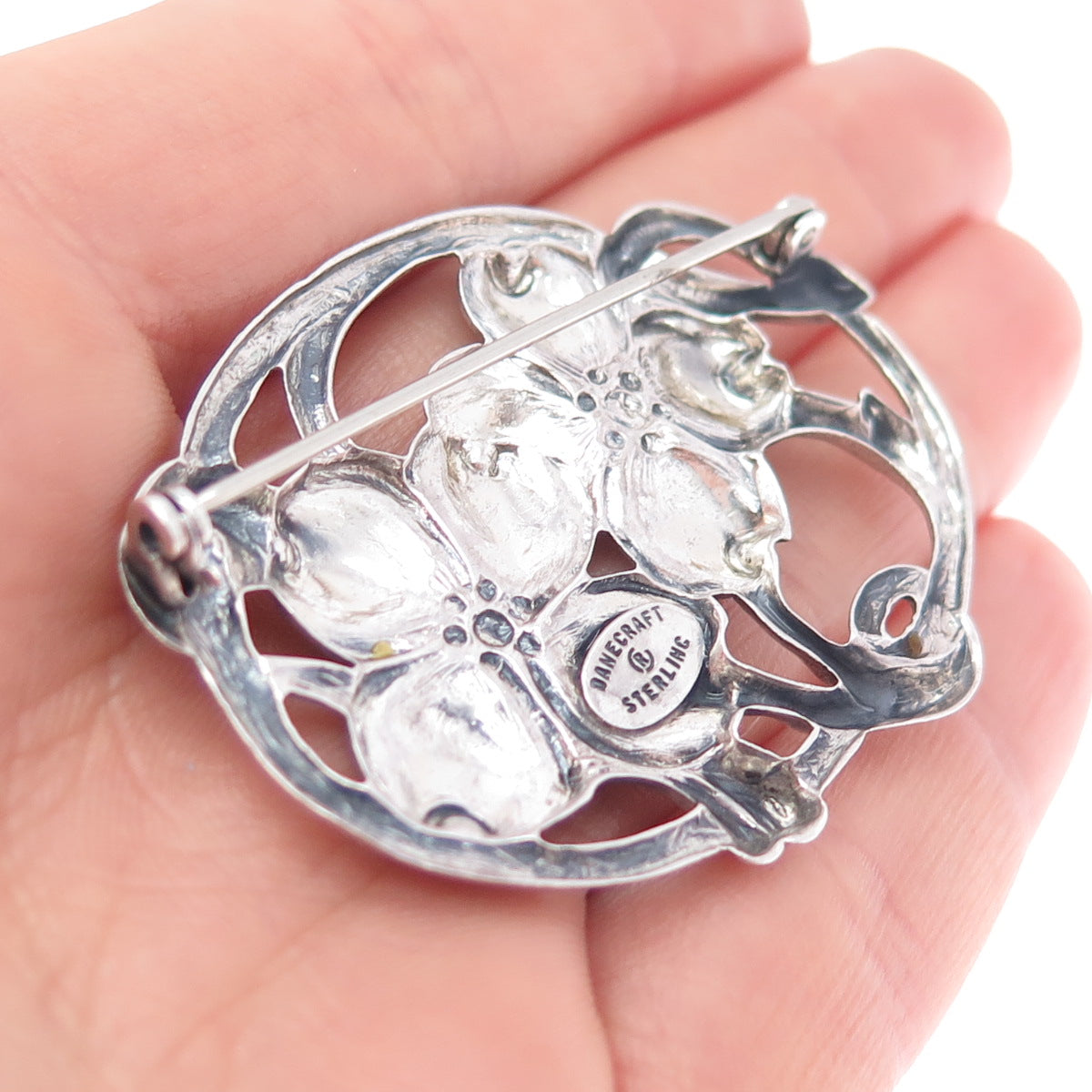 DANECRAFT 925 Sterling Silver Antique Art Deco Dogwood Oxidized Pin Brooch